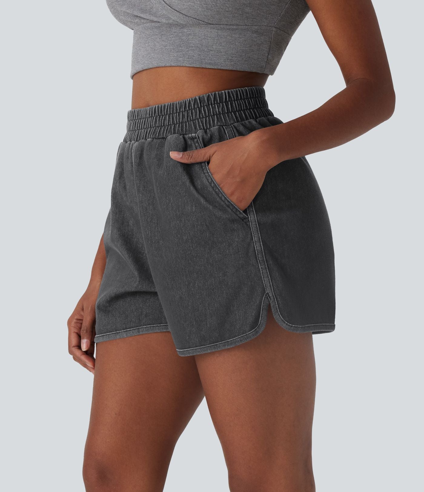 Short en jean extensible délavé Halara Flex™ taille haute avec ourlet arrondi fendu effet frais InstantCool et poches