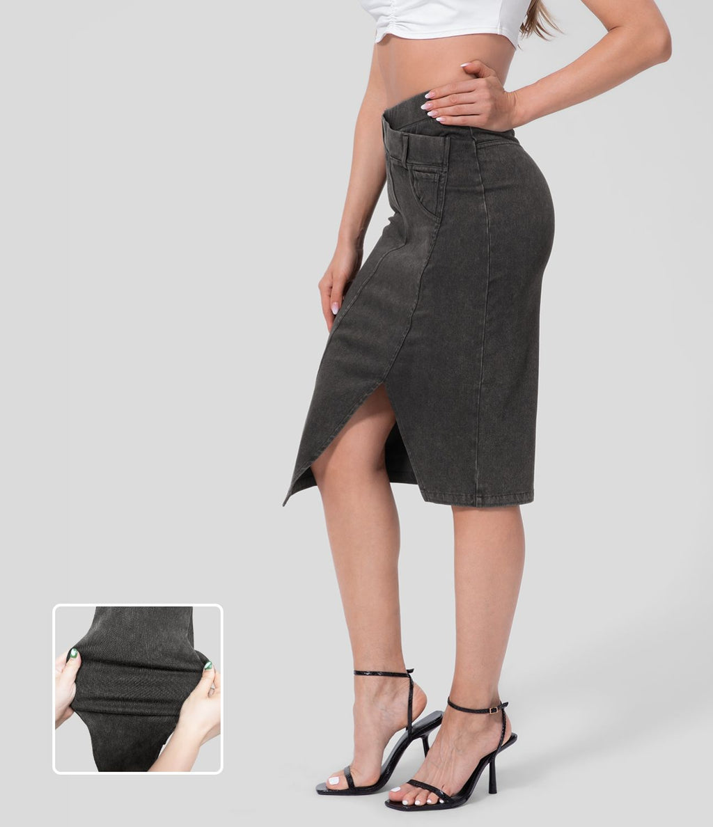 Halara Flex™ Jupe Midi Casual Taille Haute avec Ourlet Fendu en Denim Tricoté Élastique