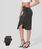 Halara Flex™ Jupe Midi Casual Taille Haute avec Ourlet Fendu en Denim Tricoté Élastique