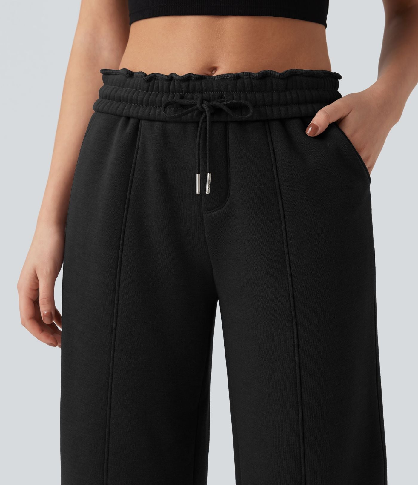 Pantalon jogging droit en coton molleton taille haute avec cordon et poches