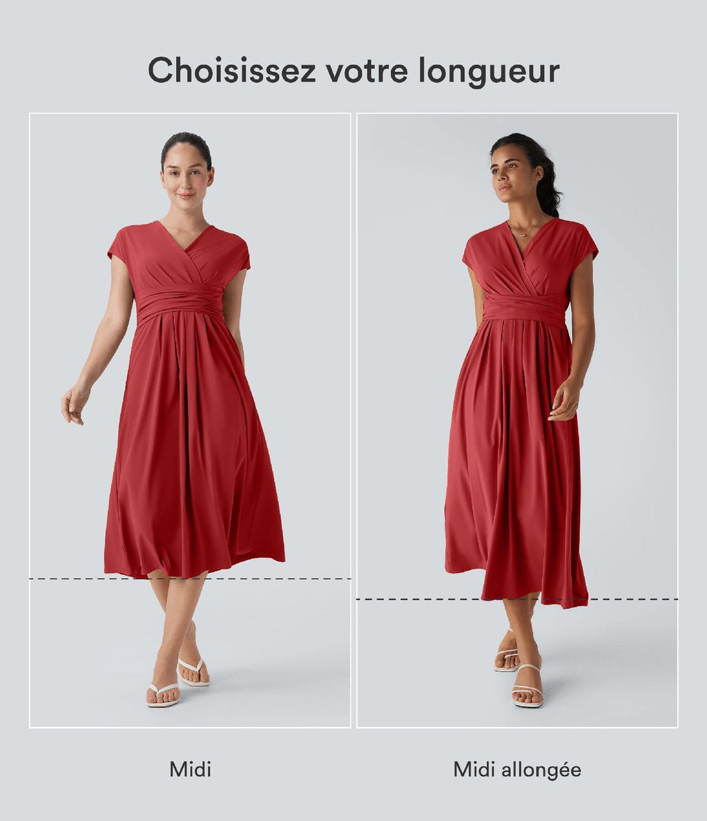 Robe midi Breezeful™ col V manches courtes à liens dans le dos séchage rapide avec poches latérales