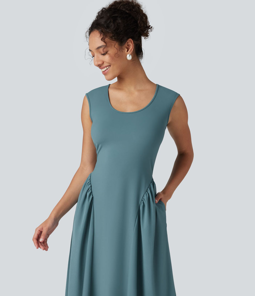 Robe longue casual fluide col U sans manches avec poches