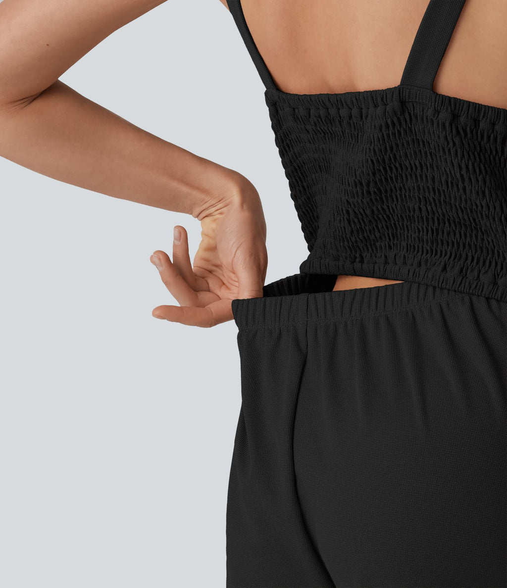 Combinaison casual large en tissu gaufré col U sans manches avec fronces, boutons décoratifs et poches — Easy Peasy