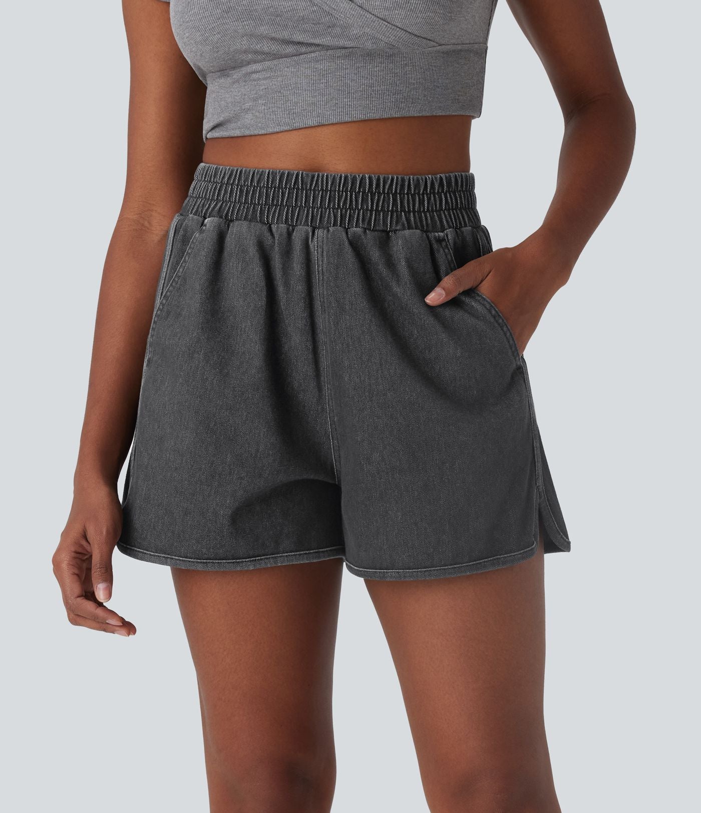 Short en jean extensible délavé Halara Flex™ taille haute avec ourlet arrondi fendu effet frais InstantCool et poches