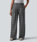 Pantalon large taille haute à carreaux pied-de-poule avec poches