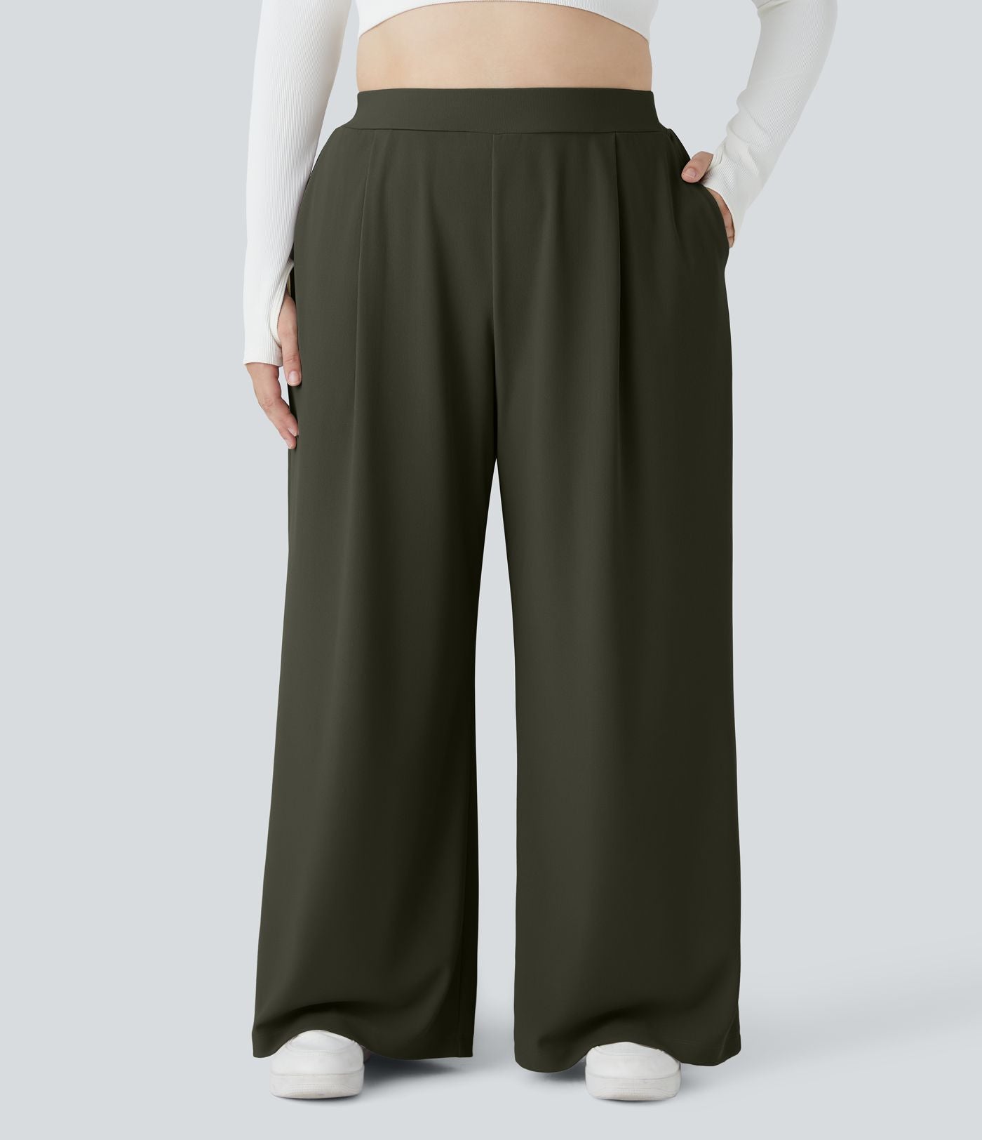 Pantalon de travail grande taille Halara Flex™ à taille haute sculptante et amincissante, poches latérales, jambes larges et tissu micro-gaufré