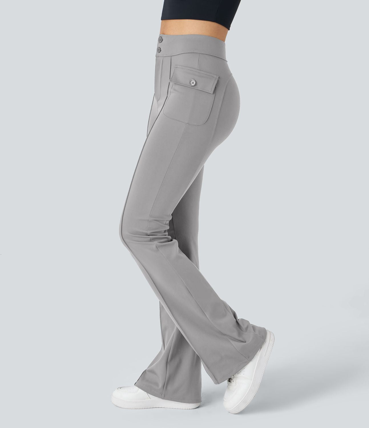 Pantalon cargo décontracté évasé taille haute avec poches à rabat latérales