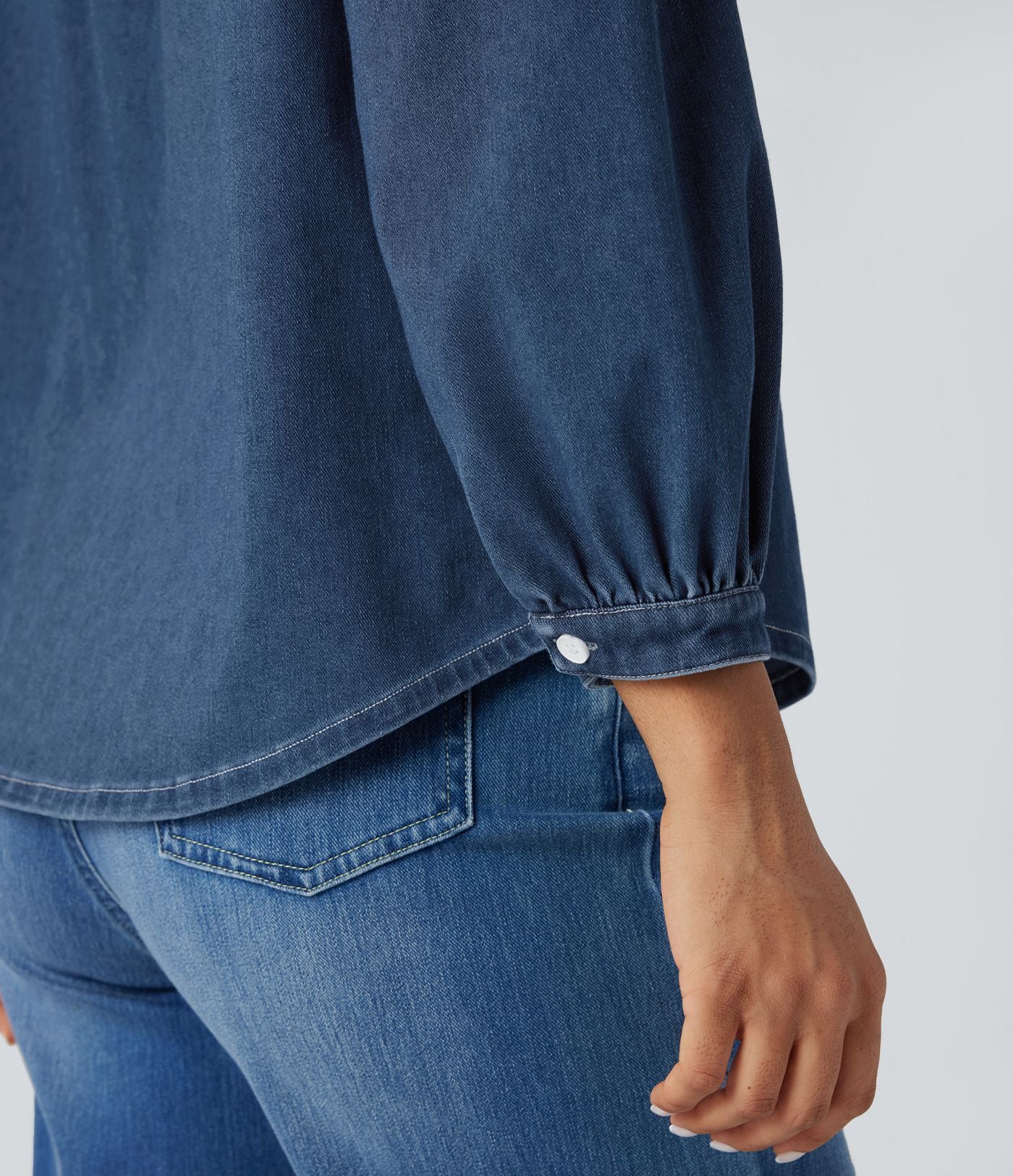 Chemise denim Halara Flex™ col montant manches 3/4 bouffantes