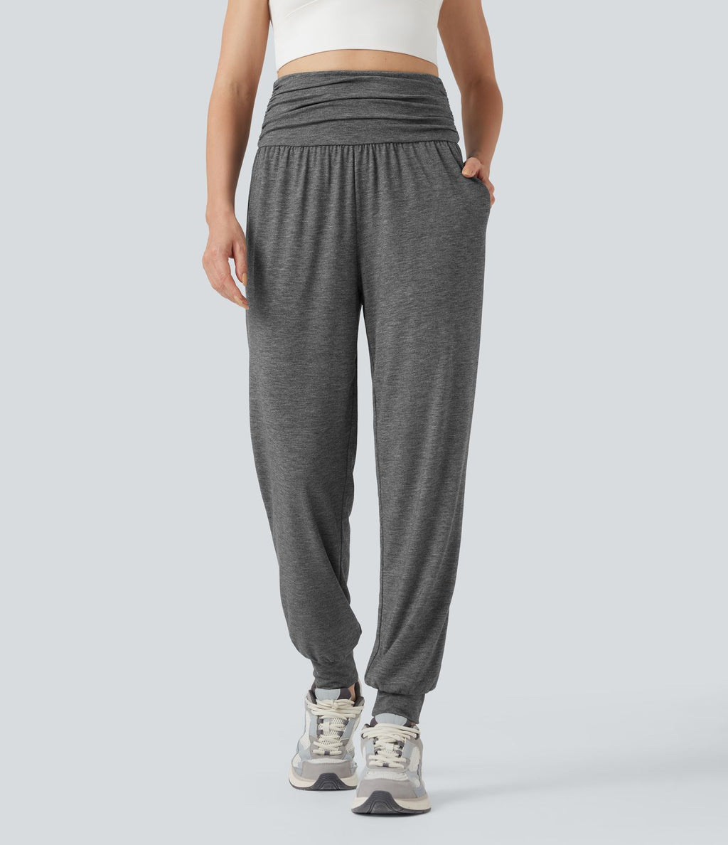 Jogging taille haute froncé chiné avec poches