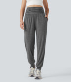 Jogging taille haute froncé chiné avec poches