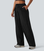 Pantalon casual ample chiné à plis taille haute avec cordon de serrage et poches
