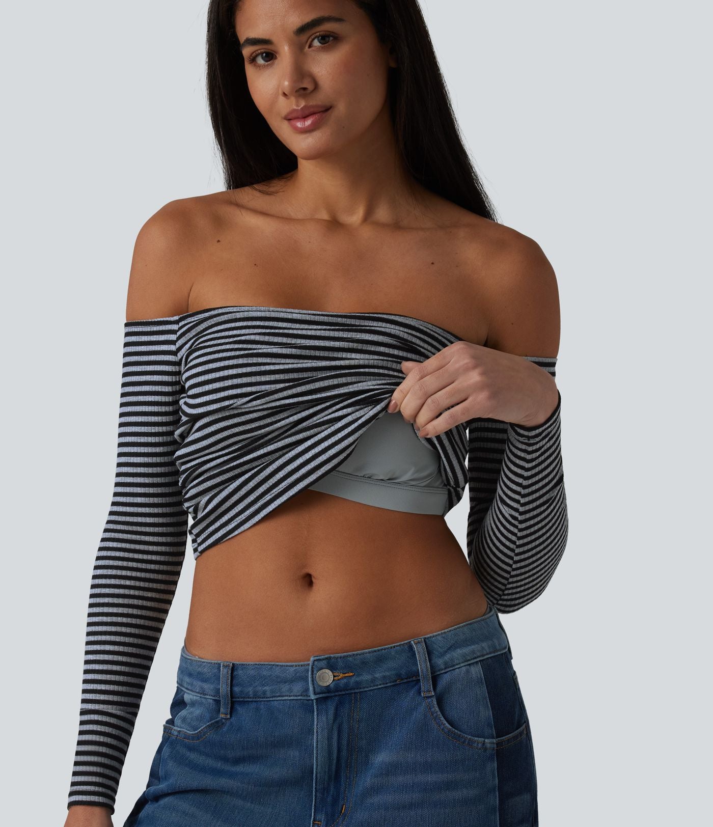 T-shirt casual rayé en maille côtelée à épaules dénudées, manches longues et soutien-gorge intégré