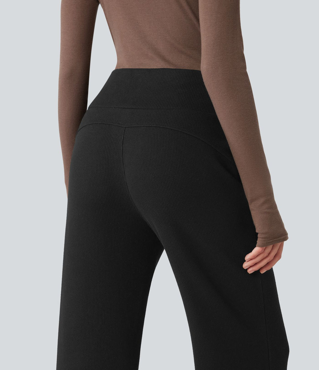 Pantalon large fluide côtelé taille haute avec cordon de serrage et poches