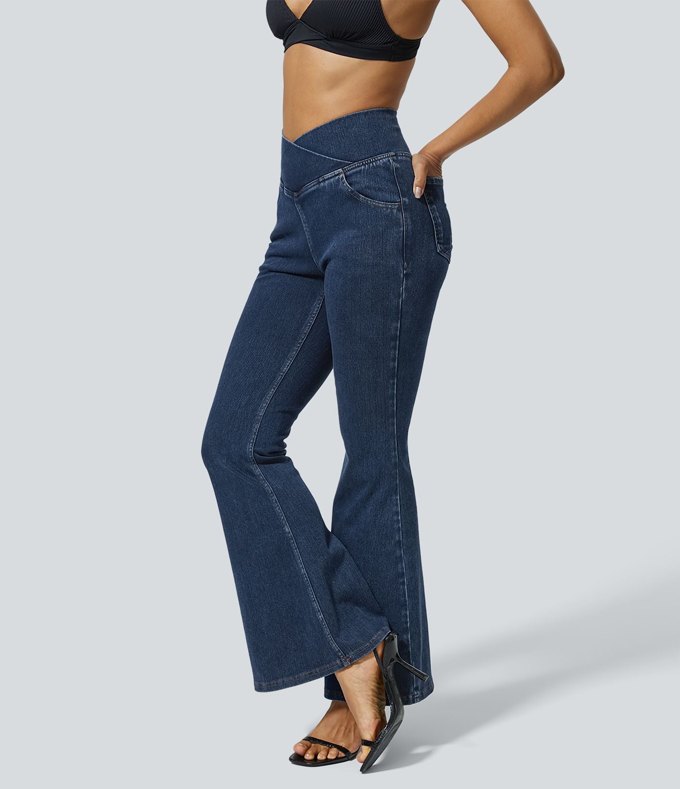 Halara Flex™ - Jean Ultra Evasé Tricot Extensible Lavé Poches Croisées Taille Haute