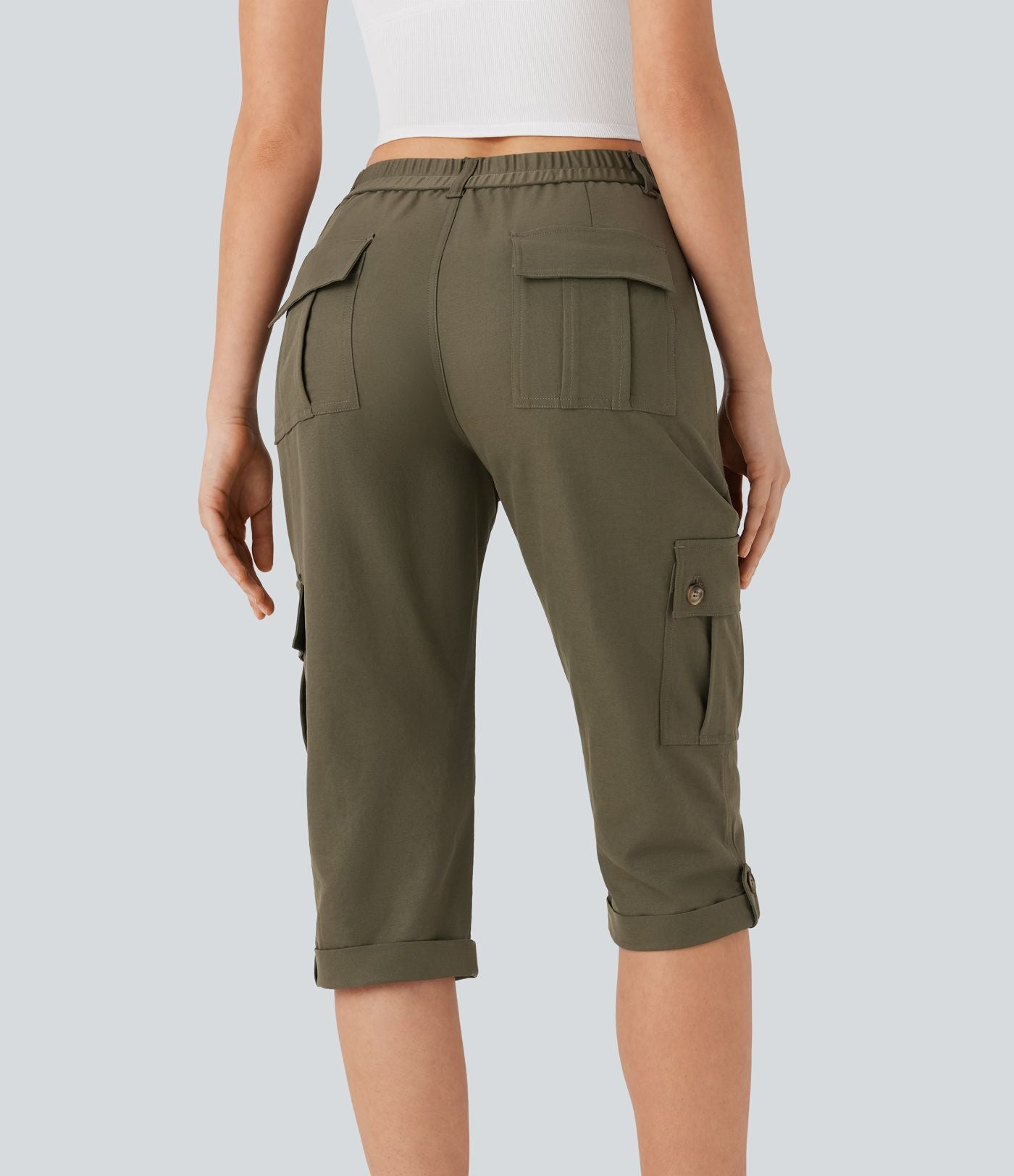 Pantalon cargo décontracté taille moyenne à ourlet roulé avec poches à rabat