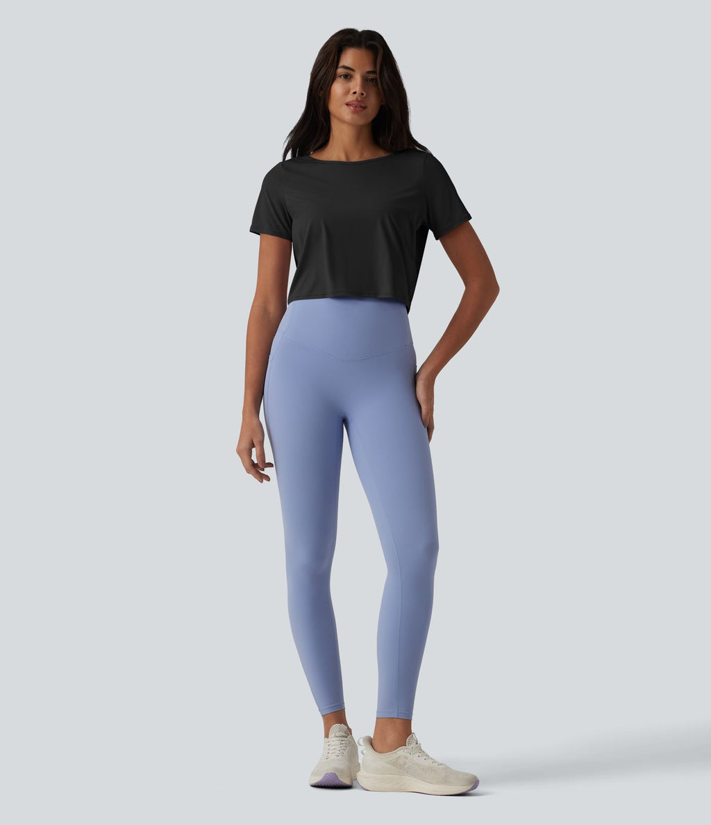 Haut de sport yoga col bateau manches courtes effet frais InstantCool dos ouvert, protection solaire UPF50+