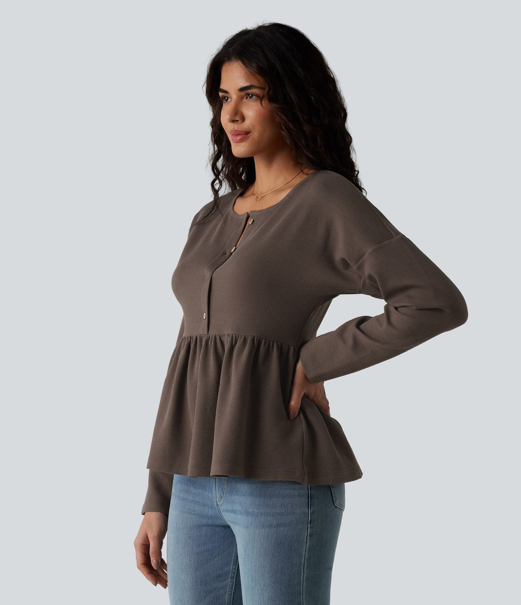 Haut casual babydoll Henley manches longues en tissu gaufré