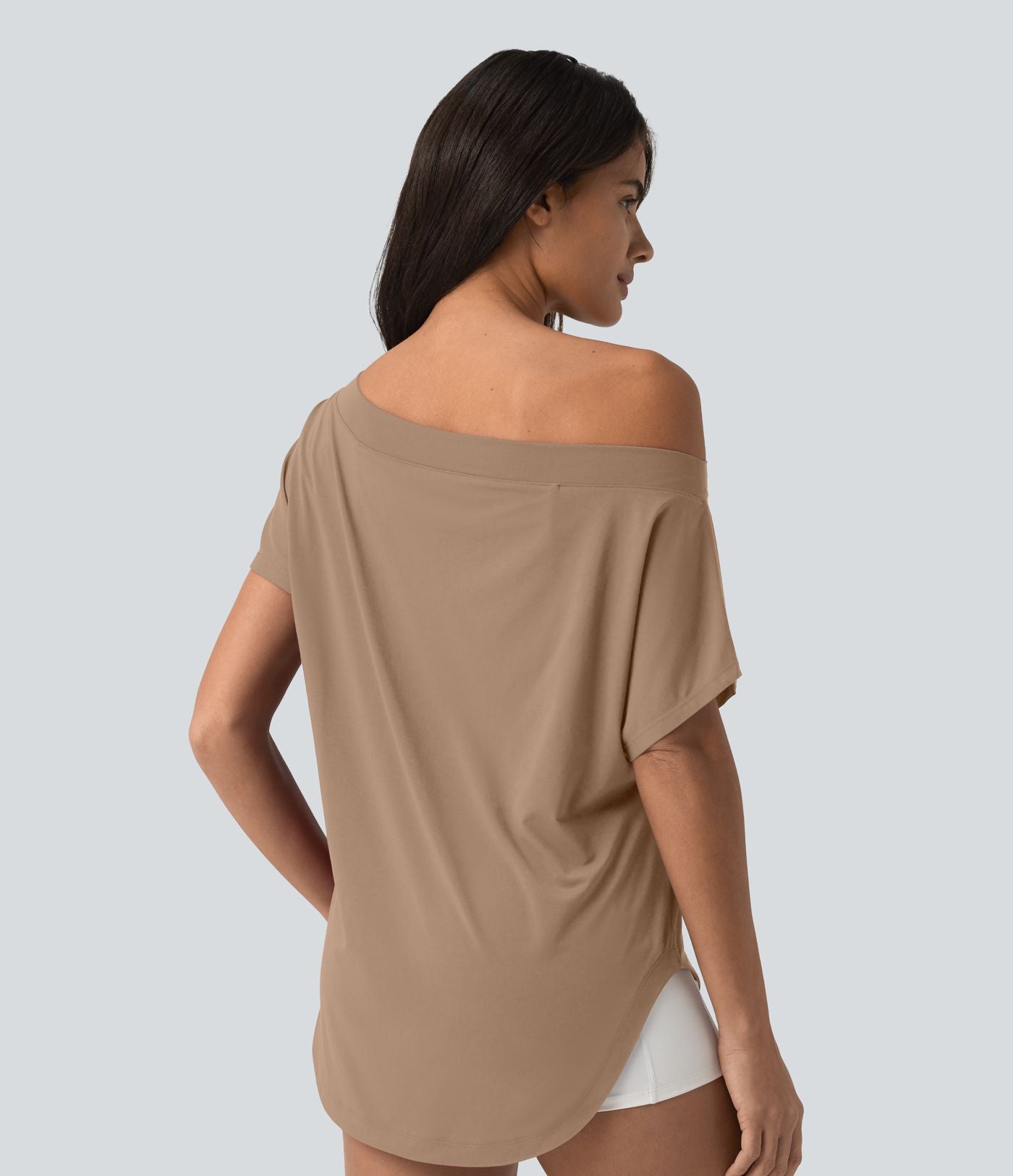 Top de sport yoga asymétrique à épaule dénudée manches courtes ourlet arrondi et coupe asymétrique à séchage rapide – Soutien-gorge intégré