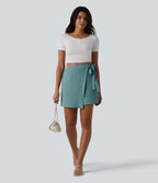 Jupe-short casual taille haute aspect lin avec lien noué sur le côté
