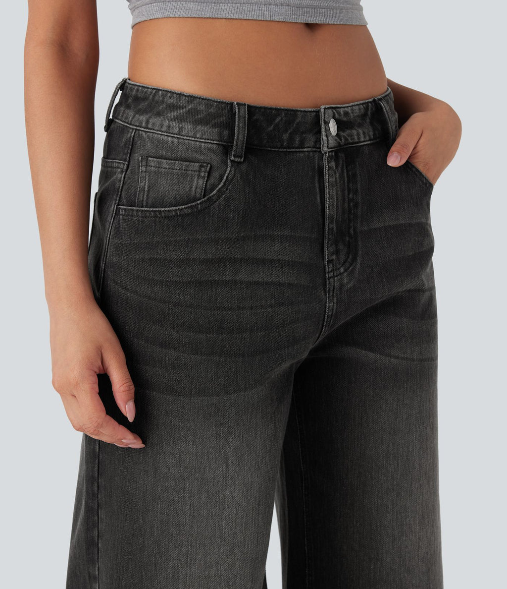 Jean capri décontracté Halara Flex™ baggy taille basse en maille extensible délavée avec poches