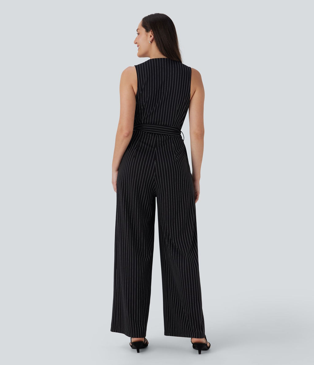 Combinaison tailleur sans manches à col V, ceinturée, avec zip invisible, rayures et effet frais avec poches, accès facile Easy Peasy