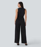 Combinaison tailleur sans manches à col V, ceinturée, avec zip invisible, rayures et effet frais avec poches, accès facile Easy Peasy