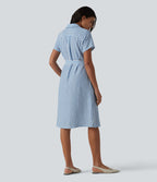 Robe-chemise midi tailleur à manches courtes et col, aspect lin à rayures, ceinturée et avec poches