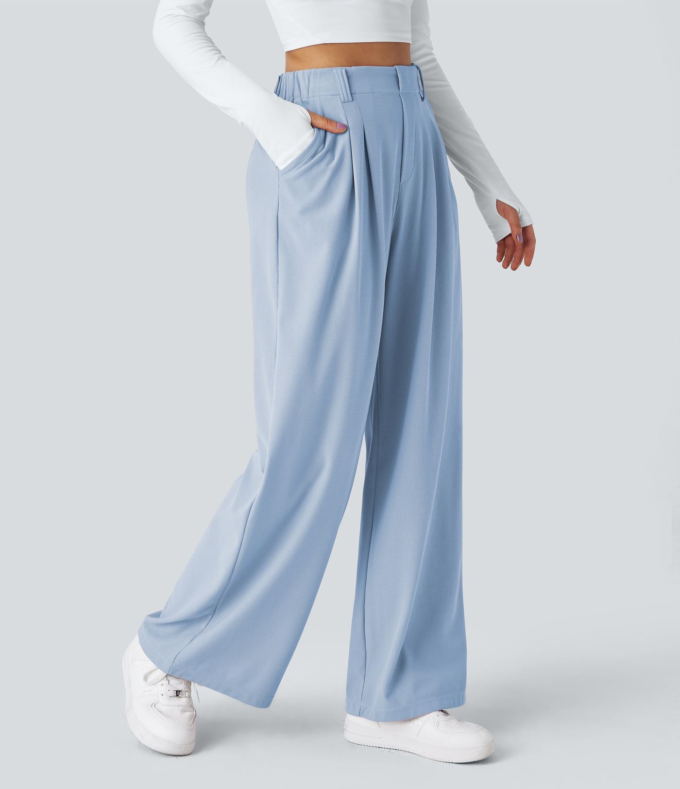 Pantalon Tailleur Large Fluide Halara Flex™ Gaufré Taille Haute Poches Latérales