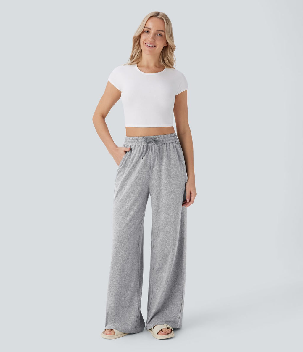 Pantalon large décontracté taille haute avec cordon de serrage et poches latérales