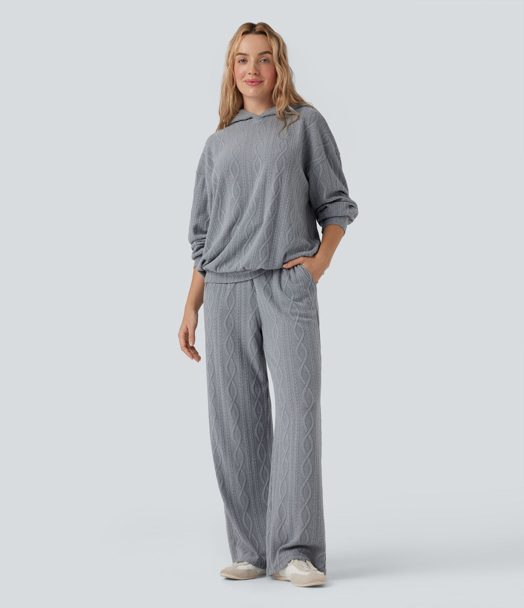 Pantalon décontracté taille haute maille torsadée avec cordon de serrage et poches