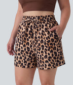 Short grande taille taille haute imprimé léopard avec cordon de serrage et poches