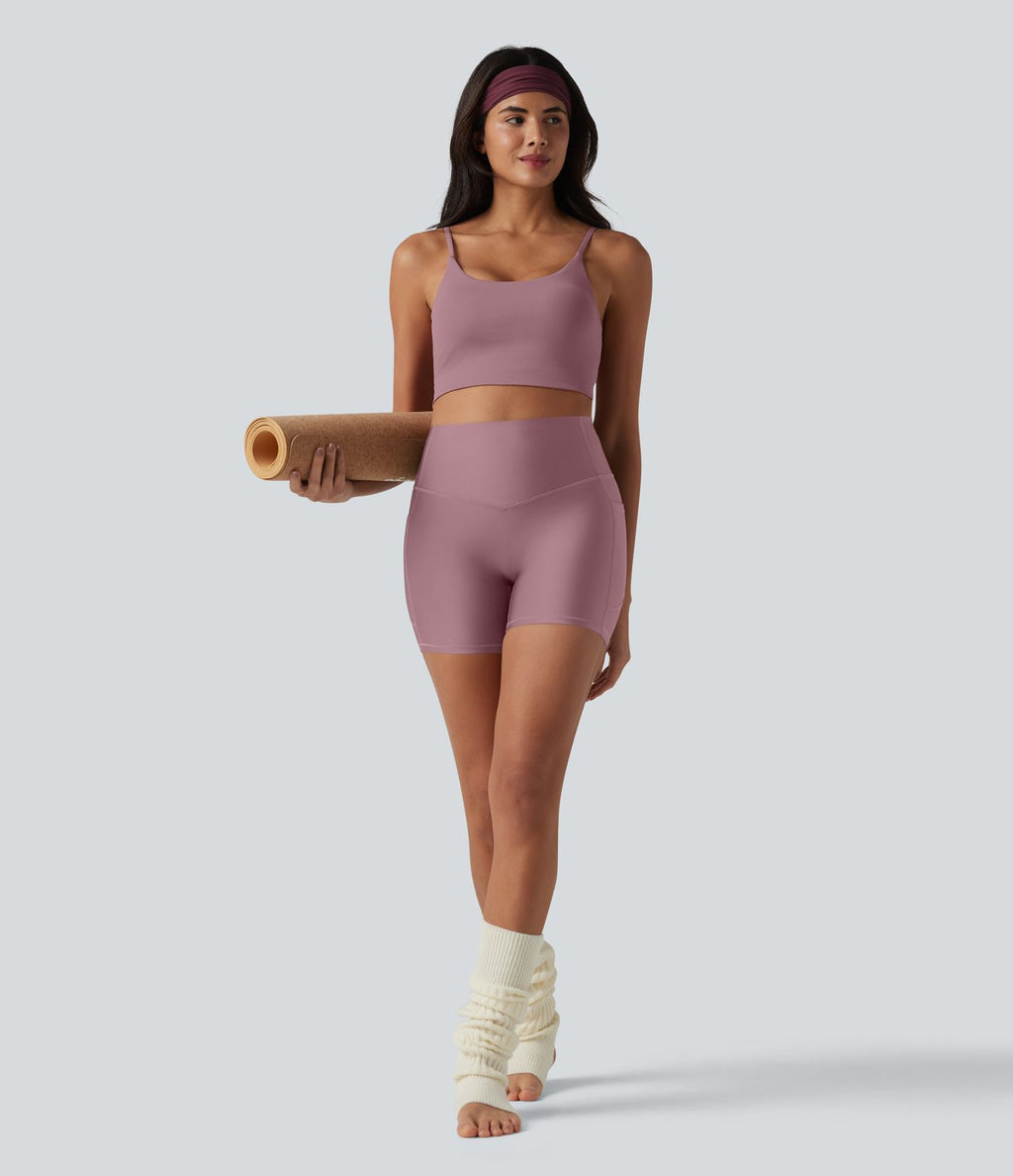 Brassière de sport de yoga en maille côtelée col U, maintien léger et soutien-gorge intégré