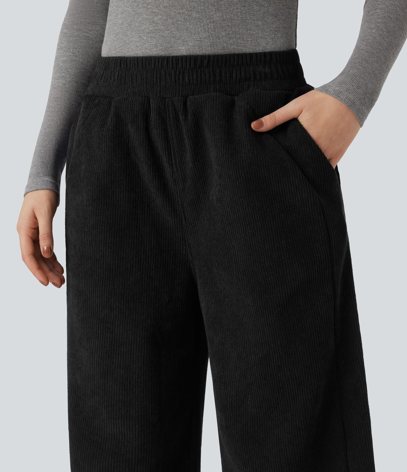Pantalon droit en velours côtelé molletonné taille haute avec poches