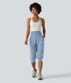 Jogging yoga corsaire chiné taille haute à fronces avec poches