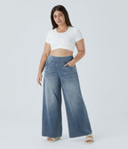 Halara Flex™ Jeans Larges Casual Taille Haute Multiples Poches Lavés Élastiques et Tricotés Grande Taille