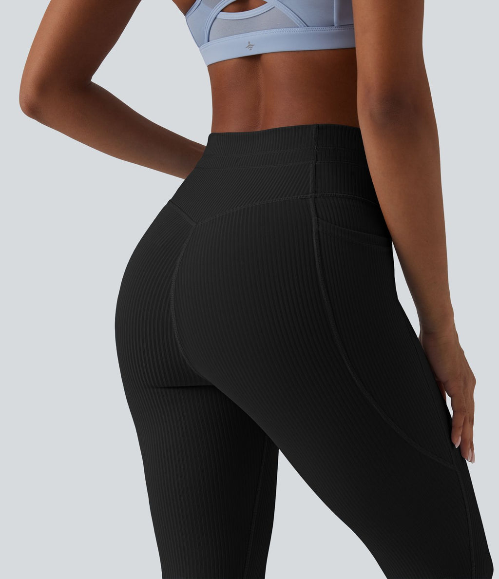 Legging de sport maille côtelée gainant à séchage rapide taille haute avec cordon de serrage et poches - UPF50+