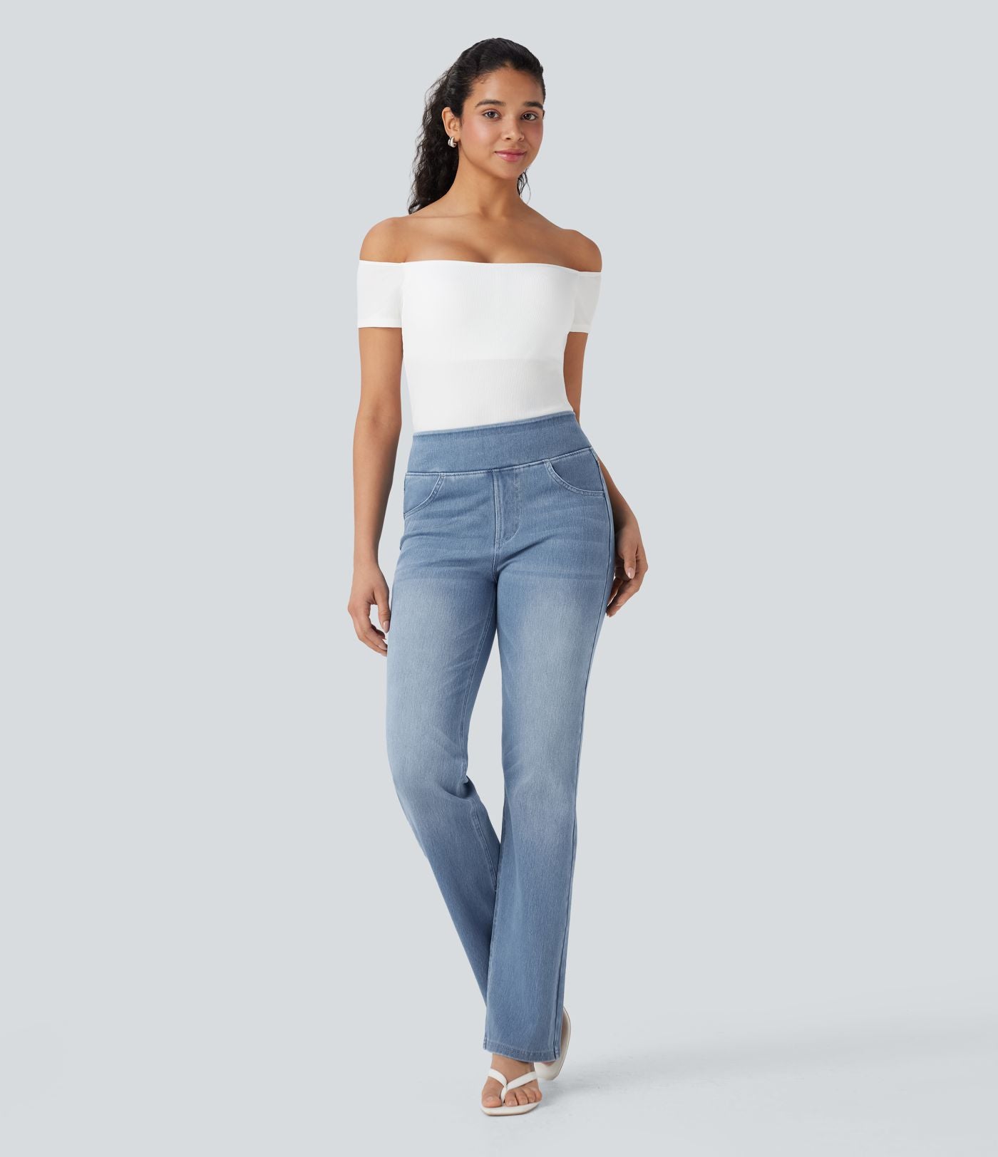 Halara Flex™ Jean évasé casual délavé taille haute gainant avec poches