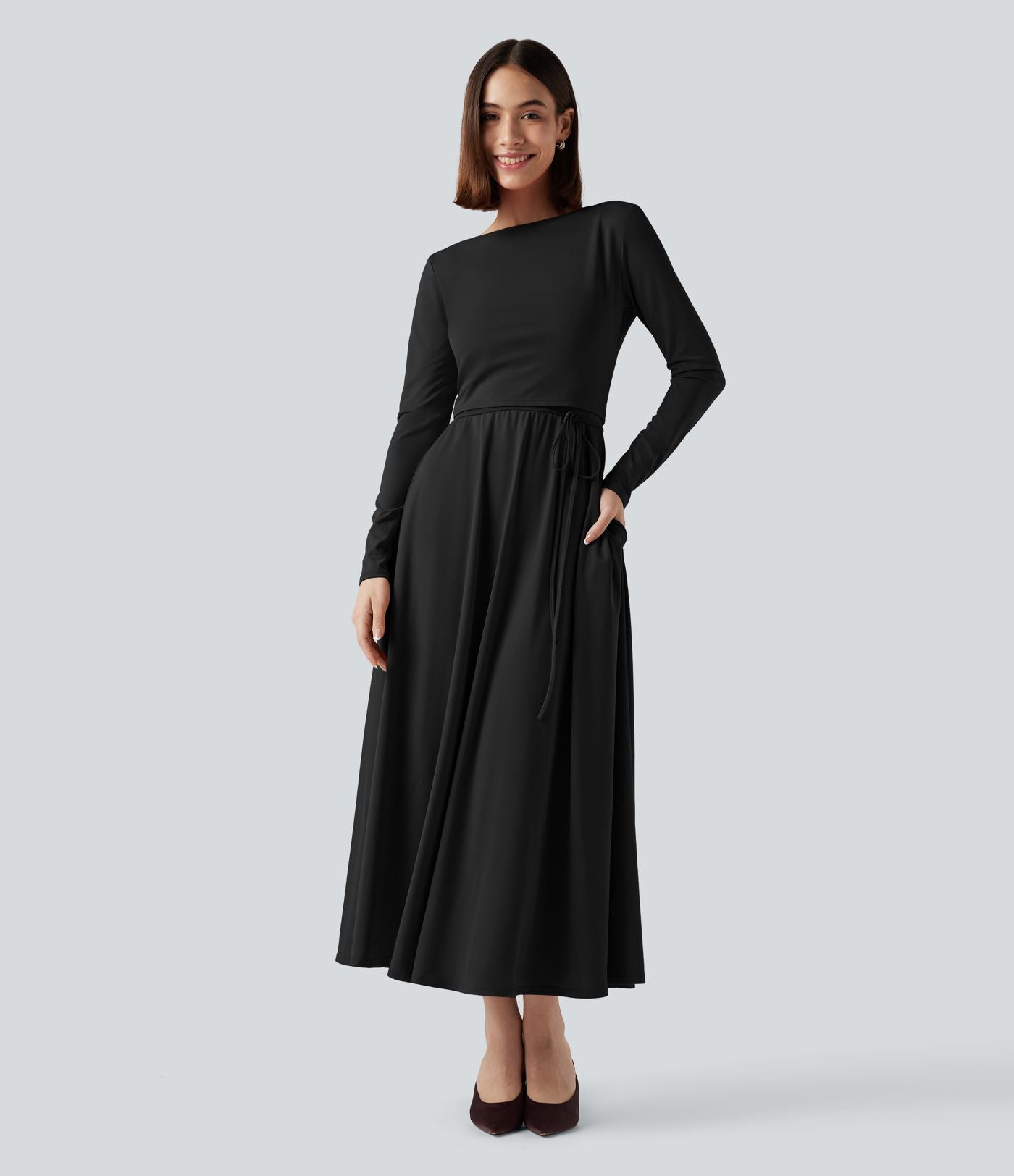 Robe mi-longue deux pièces à manches longues effet cache-cœur avec nœud au dos et poches