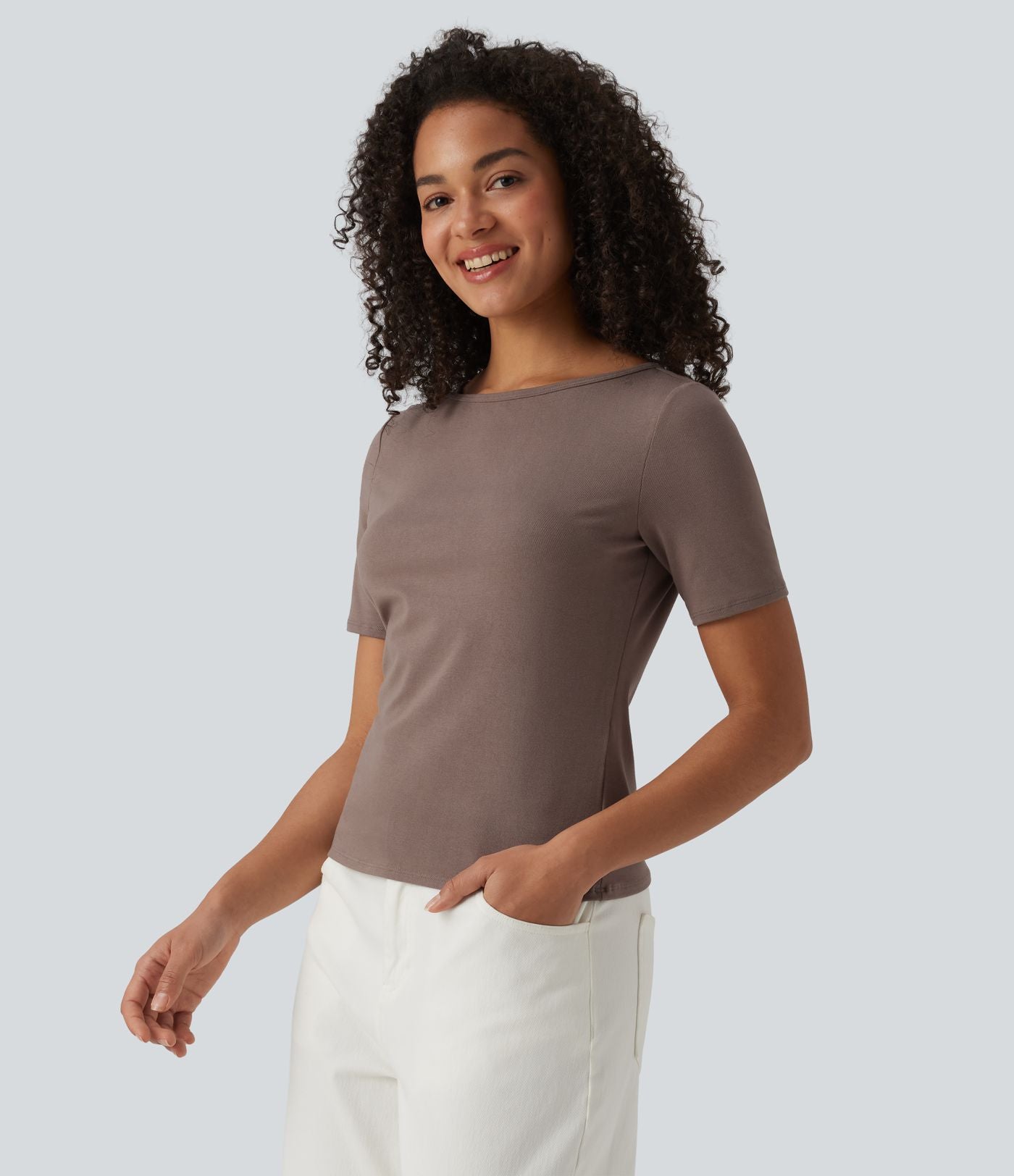 T-shirt casual manches courtes col bateau maille côtelée