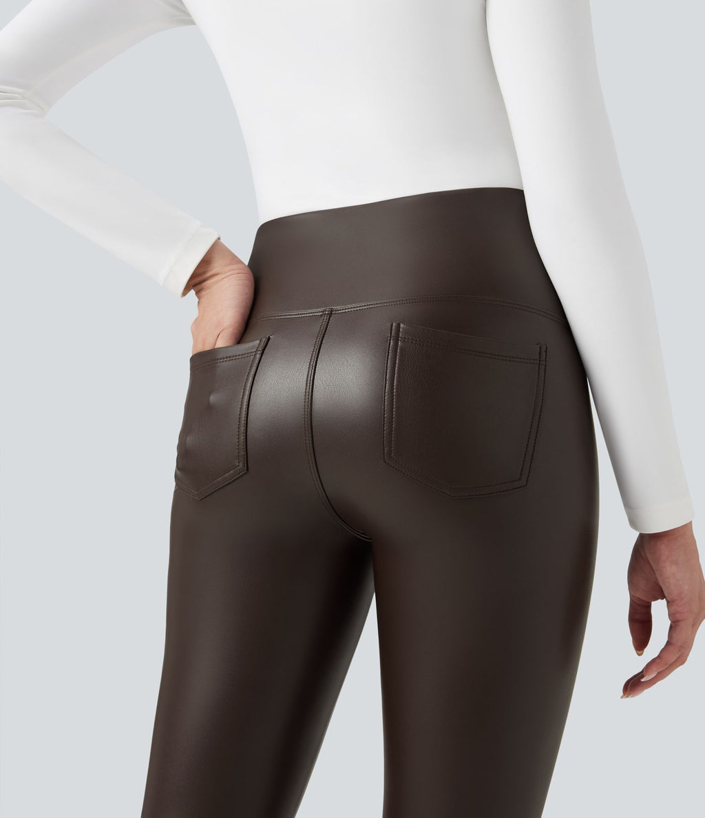 Pantalon 7/8 moulant décontracté polaire gainant taille haute extensible effet cuir avec poches