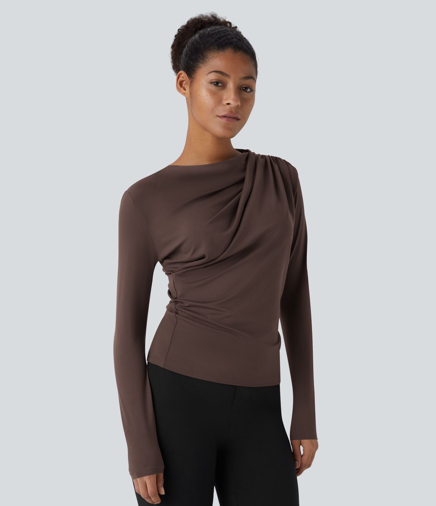 Cowl Neck Ruched Long Sleeve Slim Work Top