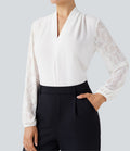 Blouse col V manches longues dentelle contrastante