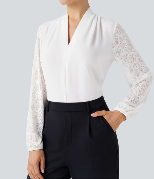 Blouse col V manches longues dentelle contrastante