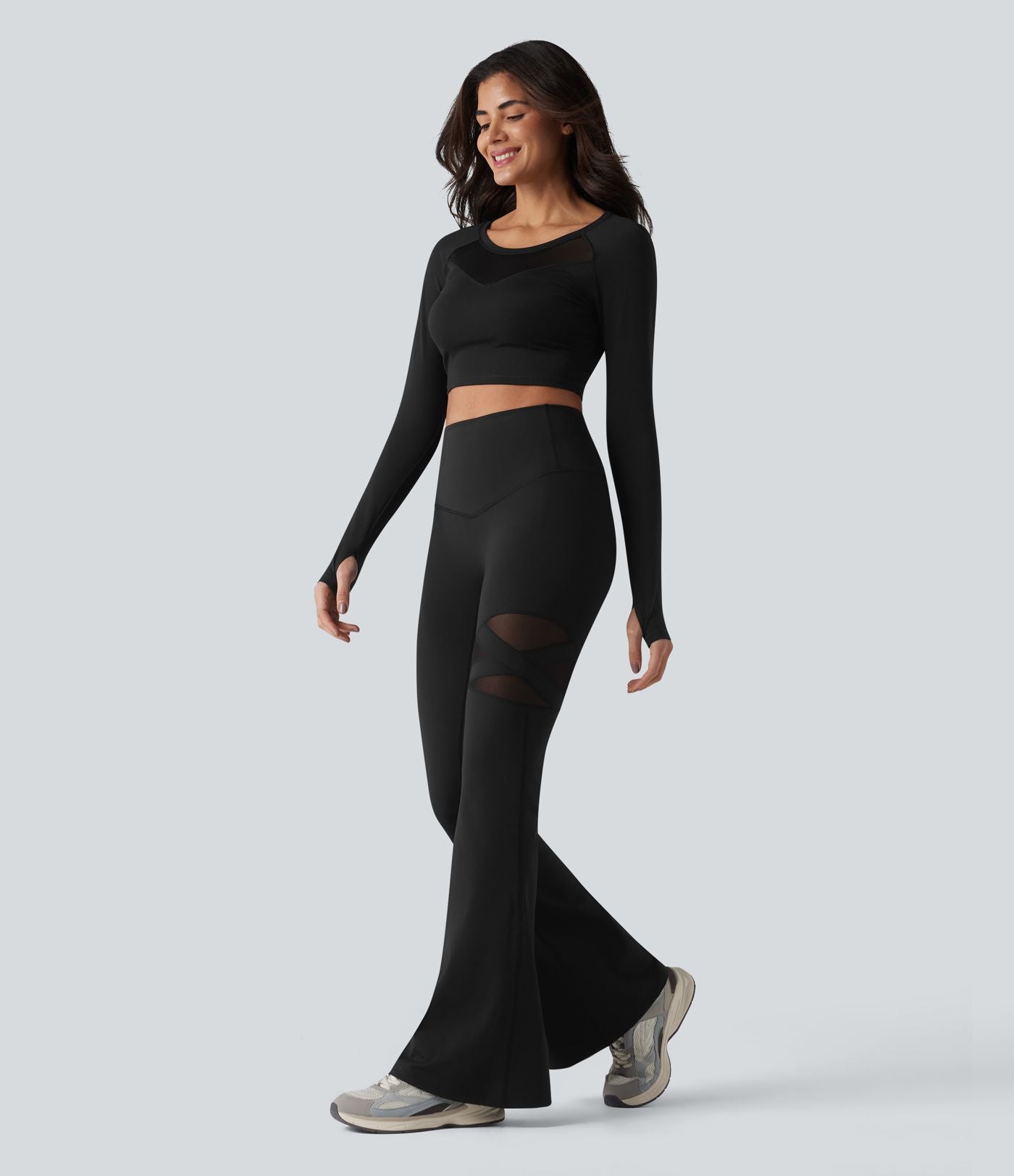 Legging évasé casual en maille respirante ventre plat taille haute avec poche