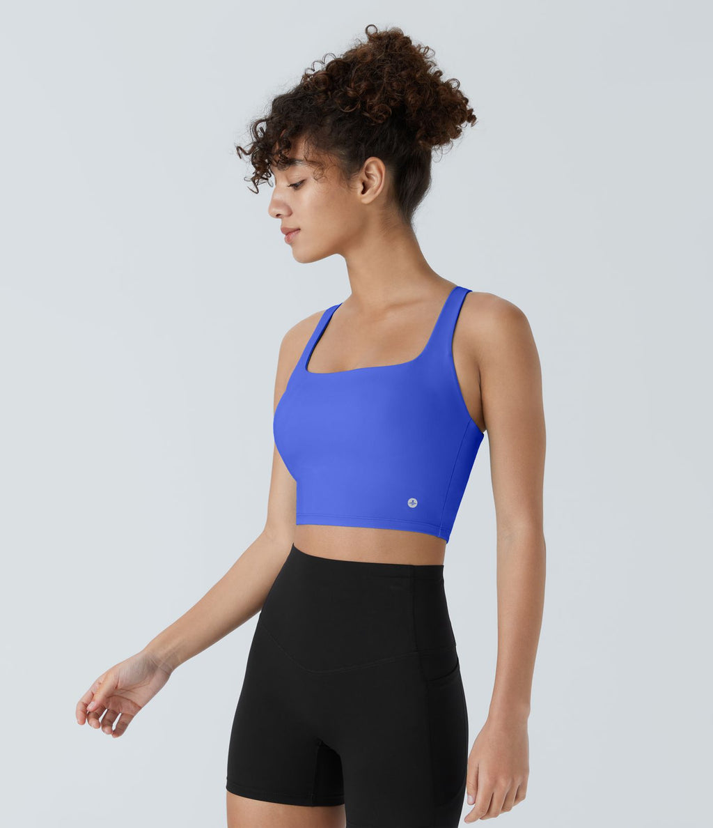 Débardeur yoga court SoftlyZero™ Airy col carré dos nu bretelles croisées effet frais InstantCool, bonnets A-C, protection solaire UPF50+