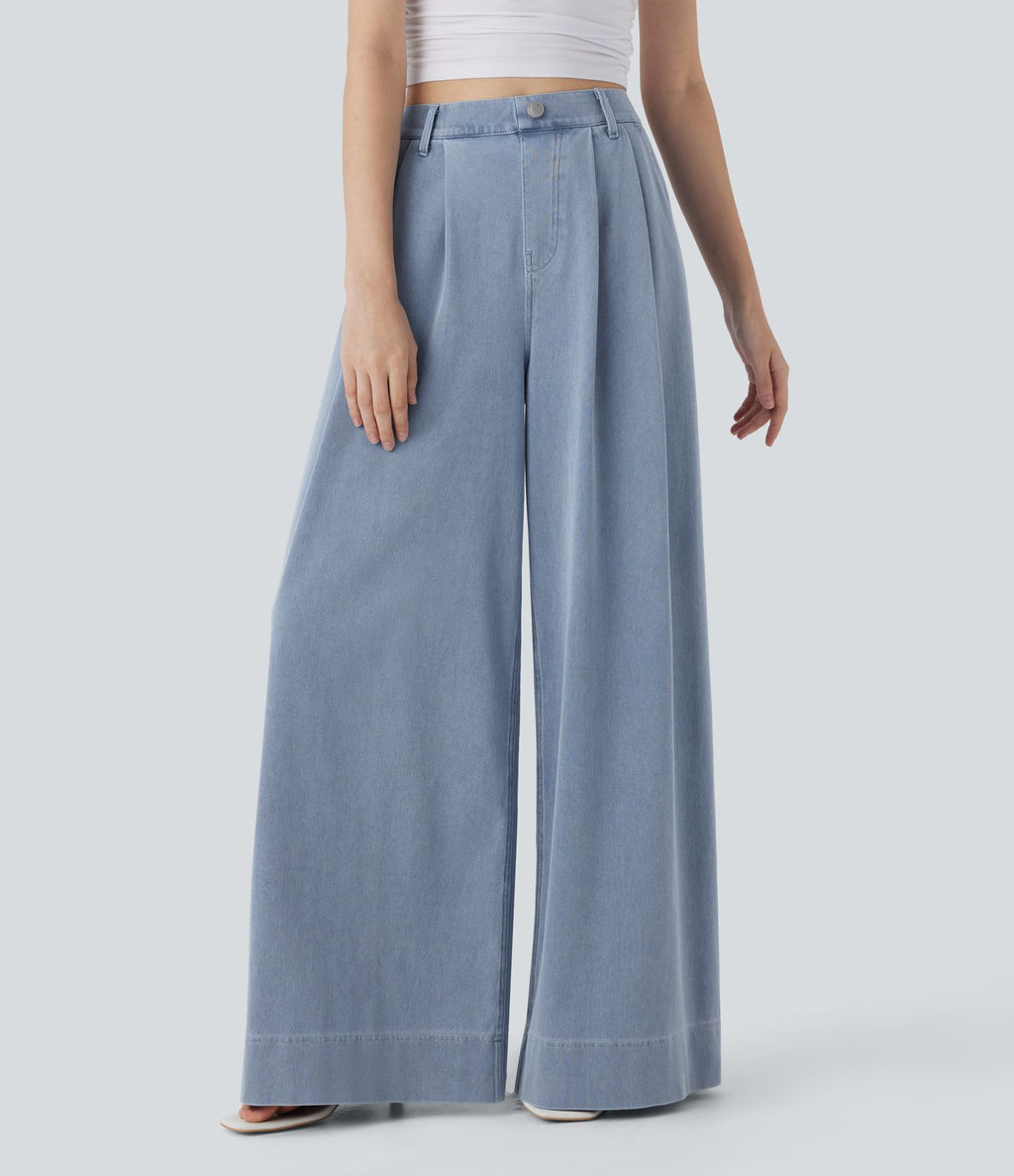 Jean palazzo ample et fluide Halara Flex™ Cool Touch en denim extensible tricoté à taille haute, séchage rapide et multiples poches