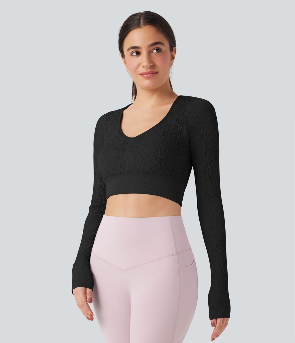 Haut de sport yoga court ajusté jacquard à manches longues sans couture OneForm Seamless Flow