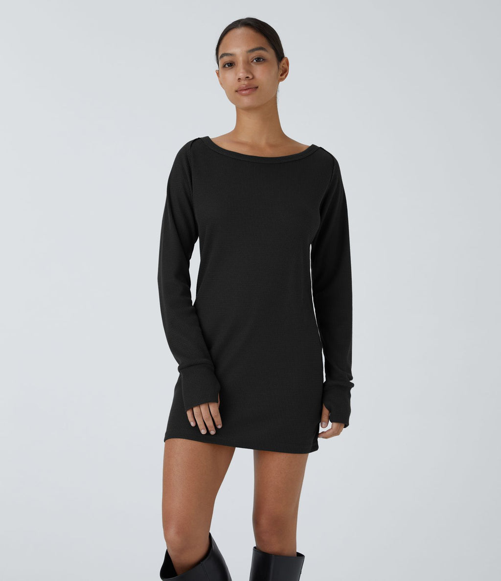 Robe Sweatshirt Casual Col Bateau Manches Raglan Avec Trous Pour Les Pouce Ourlet Fendu en Waffle