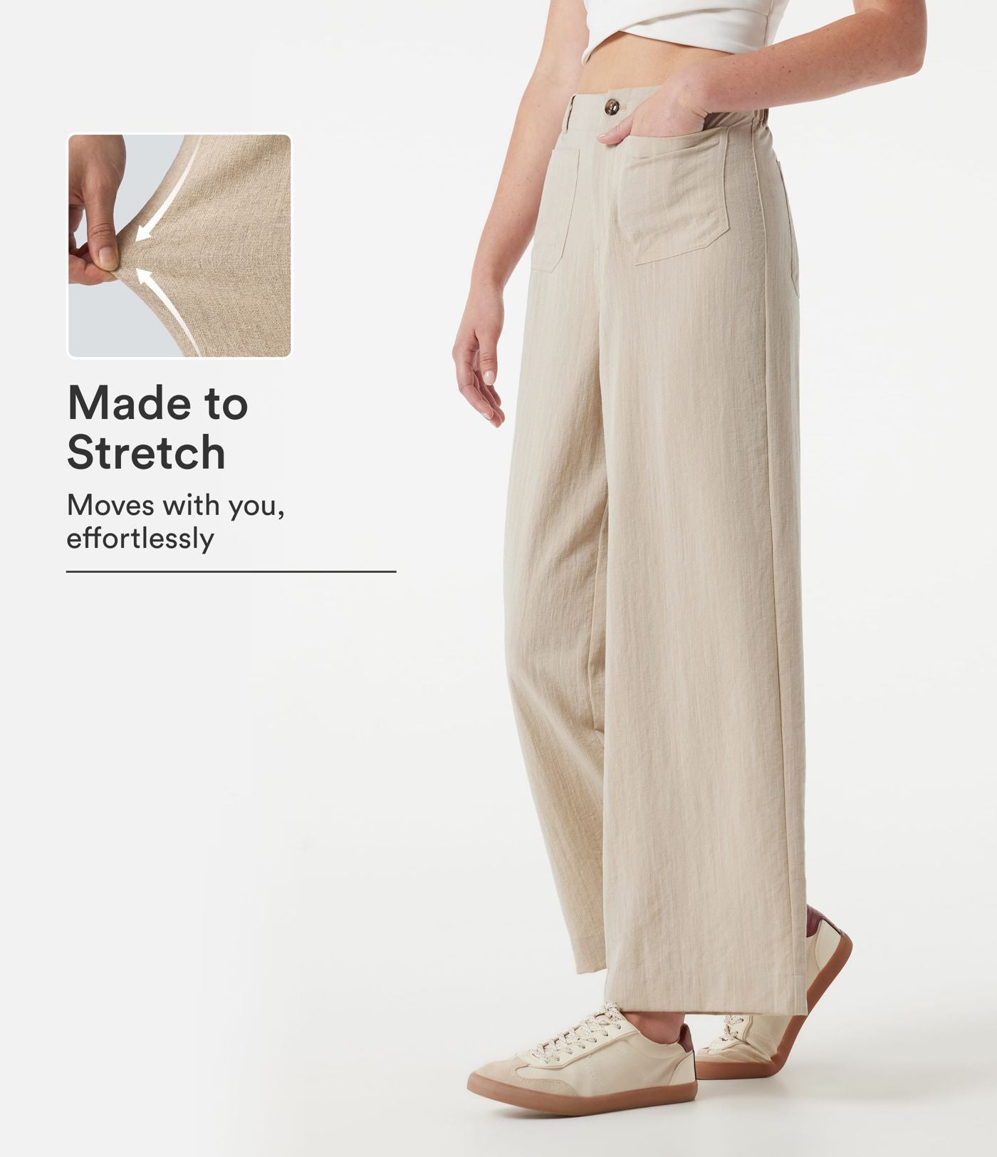 Pantalon large casual taille haute toucher lin avec poches