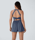 Combishort de villégiature 2-en-1 à dos nu, design torsadé, poches latérales - Édition Easy Peasy